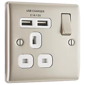 British General Nexus Metal 13A 1-Gang SP Switched Socket + 2.1A 2-Outlet Type A USB Charger Pearl Nickel with White Inserts 2 British General Nexus Metal 13A 1-Gang SP Switched Socket + 2.1A 2-Outlet Type A USB Charger Pearl Nickel with White Inserts - Image 2