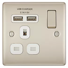 British General Nexus Metal 13A 1-Gang SP Switched Socket + 2.1A 2-Outlet Type A USB Charger Pearl Nickel with White Inserts 3 British General Nexus Metal 13A 1-Gang SP Switched Socket + 2.1A 2-Outlet Type A USB Charger Pearl Nickel with White Inserts - Image 3