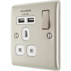 British General Nexus Metal 13A 1-Gang SP Switched Socket + 2.1A 2-Outlet Type A USB Charger Pearl Nickel with White Inserts