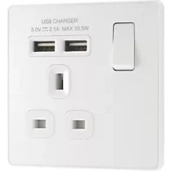 British General Evolve 13A 1-Gang SP Switched Socket + 2.1A 2-Outlet Type A USB Charger Pearlescent White with White Inserts -British General Switches & Sockets Store 699RF A3