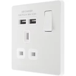 British General Evolve 13A 1-Gang SP Switched Socket + 2.1A 2-Outlet Type A USB Charger Pearlescent White with White Inserts
