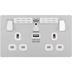 British General Evolve 13A 2-Gang SP Switched Double Socket With WiFi Extender + 2.1A 1-Outlet Type A USB Charger Brushed Steel with White Inserts -British General Switches & Sockets Store 713RF A2