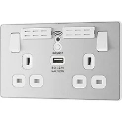 British General Evolve 13A 2-Gang SP Switched Double Socket With WiFi Extender + 2.1A 1-Outlet Type A USB Charger Brushed Steel with White Inserts -British General Switches & Sockets Store 713RF A3