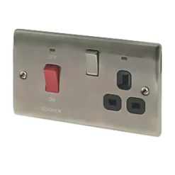 British General Nexus Metal 45A 1-Gang DP Cooker Switch & 13A DP Switched Socket Brushed Iridium with LED with Black Inserts