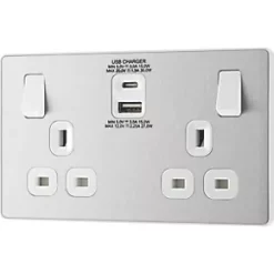 British General Evolve 13A 2-Gang SP Switched Socket + 3A 2-Outlet Type A & C USB Charger Brushed Steel with White Inserts -British General Switches & Sockets Store 746RF A3