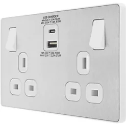 British General Evolve 13A 2-Gang SP Switched Socket + 3A 2-Outlet Type A & C USB Charger Brushed Steel with White Inserts