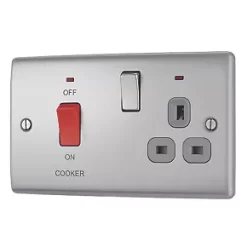 British General Nexus Metal 45A 2-Gang DP Cooker Switch & 13A DP Switched Socket Brushed Steel with LED with Graphite Inserts