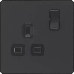British General Evolve 13A 1-Gang SP Switched Socket Matt Black with Black Inserts -British General Switches & Sockets Store 753RF A2
