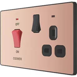 British General Evolve 45A 2-Gang 2-Pole Cooker Switch & 13A DP Switched Socket Copper with LED with Black Inserts
