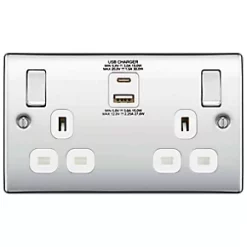 British General Nexus 13A 2-Gang SP Switched Socket + 3A 2-Outlet Type A & C USB Charger Polished Chrome with White Inserts