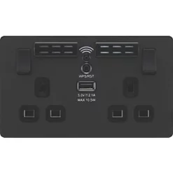 British General Evolve 13A 2-Gang SP Switched Double Socket With WiFi Extender + 2.1A 1-Outlet Type A USB Charger Matt Black with Black Inserts -British General Switches & Sockets Store 765RF A2