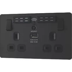 British General Evolve 13A 2-Gang SP Switched Double Socket With WiFi Extender + 2.1A 1-Outlet Type A USB Charger Matt Black with Black Inserts -British General Switches & Sockets Store 765RF A3