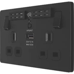 British General Evolve 13A 2-Gang SP Switched Double Socket With WiFi Extender + 2.1A 1-Outlet Type A USB Charger Matt Black with Black Inserts