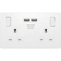 British General Evolve 13A 2-Gang SP Switched Socket + 3.1A 2-Outlet Type A USB Charger Pearlescent White with White Inserts -British General Switches & Sockets Store 797RF A2