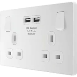 British General Evolve 13A 2-Gang SP Switched Socket + 3.1A 2-Outlet Type A USB Charger Pearlescent White with White Inserts