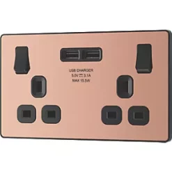 British General Evolve 13A 2-Gang SP Switched Socket + 3.1A 2-Outlet Type A USB Charger Copper with Black Inserts -British General Switches & Sockets Store 819RF A3