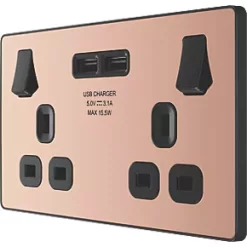 British General Evolve 13A 2-Gang SP Switched Socket + 3.1A 2-Outlet Type A USB Charger Copper with Black Inserts