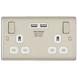 British General Nexus Metal 13A 2-Gang SP Switched Socket + 3.1A 2-Outlet Type A USB Charger Pearl Nickel with White Inserts -British General Switches & Sockets Store 8208P A2