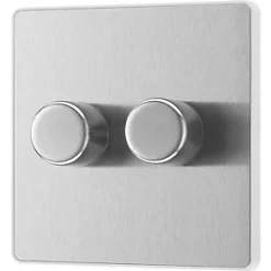 British General Evolve 2-Gang 2-Way LED Trailing Edge Double Push Dimmer with Rotary Control Brushed Steel with White Inserts -British General Switches & Sockets Store 831PY A3