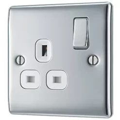 British General Nexus Metal 13A 1-Gang DP Switched Plug Socket Polished Chrome with White Inserts