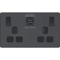 British General Evolve 13A 2-Gang SP Switched Socket + 3A 2-Outlet Type A & C USB Charger Grey with Black Inserts -British General Switches & Sockets Store 841RF A2