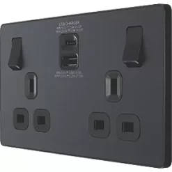 British General Evolve 13A 2-Gang SP Switched Socket + 3A 2-Outlet Type A & C USB Charger Grey with Black Inserts