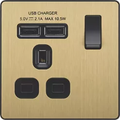 British General Evolve 13A 1-Gang SP Switched Socket + 2.1A 2-Outlet Type A USB Charger Satin Brass with Black Inserts -British General Switches & Sockets Store 852RF A2