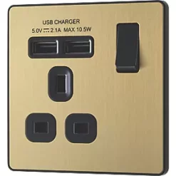 British General Evolve 13A 1-Gang SP Switched Socket + 2.1A 2-Outlet Type A USB Charger Satin Brass with Black Inserts -British General Switches & Sockets Store 852RF A3