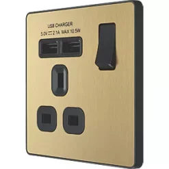 British General Evolve 13A 1-Gang SP Switched Socket + 2.1A 2-Outlet Type A USB Charger Satin Brass with Black Inserts