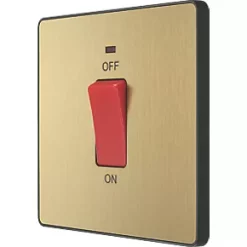 British General Evolve 45A 1-Gang 2-Pole Cooker Switch Satin Brass with LED with Black Inserts