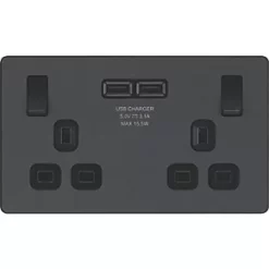 British General Evolve 13A 2-Gang SP Switched Socket + 3.1A 2-Outlet Type A USB Charger Grey with Black Inserts -British General Switches & Sockets Store 871RF A2