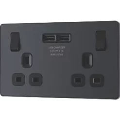 British General Evolve 13A 2-Gang SP Switched Socket + 3.1A 2-Outlet Type A USB Charger Grey with Black Inserts -British General Switches & Sockets Store 871RF A3
