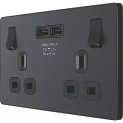 British General Evolve 13A 2-Gang SP Switched Socket + 3.1A 2-Outlet Type A USB Charger Grey with Black Inserts