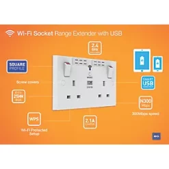 British General 900 Series 13A 2-Gang SP Switched Wi-Fi Extender Socket + 2.1A 1-Outlet Type A USB Charger White -British General Switches & Sockets Store 8865V A5