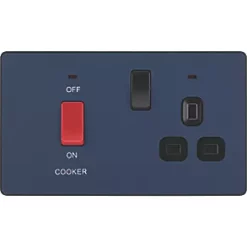 British General Evolve 45A 2-Gang 2-Pole Cooker Switch & 13A DP Switched Socket Blue with LED with Black Inserts -British General Switches & Sockets Store 893PX A2