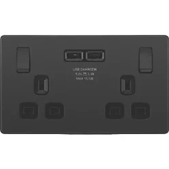 British General Evolve 13A 2-Gang SP Switched Socket + 3.1A 2-Outlet Type A USB Charger Black with Black Inserts -British General Switches & Sockets Store 906RF A2
