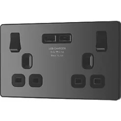 British General Evolve 13A 2-Gang SP Switched Socket + 3.1A 2-Outlet Type A USB Charger Black with Black Inserts -British General Switches & Sockets Store 906RF A3