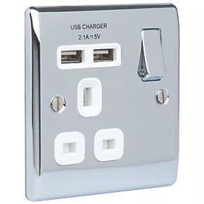 British General Nexus Metal 13A 1-Gang SP Switched Socket + 2.1A 2-Outlet Type A USB Charger Polished Chrome with White Inserts 2 British General Nexus Metal 13A 1-Gang SP Switched Socket + 2.1A 2-Outlet Type A USB Charger Polished Chrome with White Inserts - Image 2