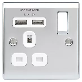 British General Nexus Metal 13A 1-Gang SP Switched Socket + 2.1A 2-Outlet Type A USB Charger Polished Chrome with White Inserts 1 British General Nexus Metal 13A 1-Gang SP Switched Socket + 2.1A 2-Outlet Type A USB Charger Polished Chrome with White Inserts