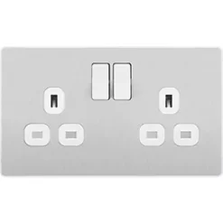 British General Evolve 13A 2-Gang SP Switched Socket Brushed Steel with White Inserts -British General Switches & Sockets Store 918RF A2