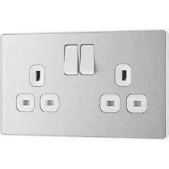British General Evolve 13A 2-Gang SP Switched Socket Brushed Steel with White Inserts -British General Switches & Sockets Store 918RF A3