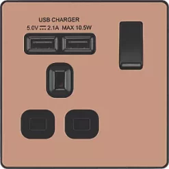 British General Evolve 13A 1-Gang SP Switched Socket + 2.1A 2-Outlet Type A USB Charger Copper with Black Inserts -British General Switches & Sockets Store 923RF A2
