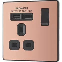 British General Evolve 13A 1-Gang SP Switched Socket + 2.1A 2-Outlet Type A USB Charger Copper with Black Inserts -British General Switches & Sockets Store 923RF A3