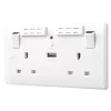 British General 800 Series 13A 2-Gang SP Switched Wi-Fi Extender Socket + 2.1A 1-Outlet Type A USB Charger White