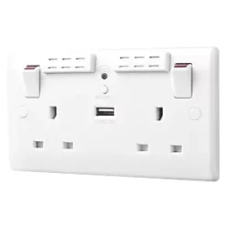 British General 800 Series 13A 2-Gang SP Switched Wi-Fi Extender Socket + 2.1A 1-Outlet Type A USB Charger White