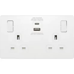 British General Evolve 13A 2-Gang SP Switched Socket + 3A 2-Outlet Type A & C USB Charger Pearlescent White with White Inserts -British General Switches & Sockets Store 970RF A2