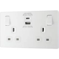 British General Evolve 13A 2-Gang SP Switched Socket + 3A 2-Outlet Type A & C USB Charger Pearlescent White with White Inserts -British General Switches & Sockets Store 970RF A3