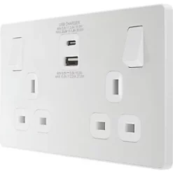 British General Evolve 13A 2-Gang SP Switched Socket + 3A 2-Outlet Type A & C USB Charger Pearlescent White with White Inserts