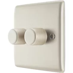 British General Nexus Metal 2-Gang 2-Way LED Trailing Edge Double Push Dimmer Switch with Rotary Control Pearl Nickel with Colour-Matched Inserts