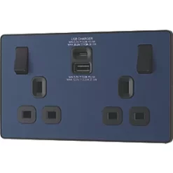 British General Evolve 13A 2-Gang SP Switched Socket + 3A 2-Outlet Type A & C USB Charger Blue with Black Inserts -British General Switches & Sockets Store 992RF A3